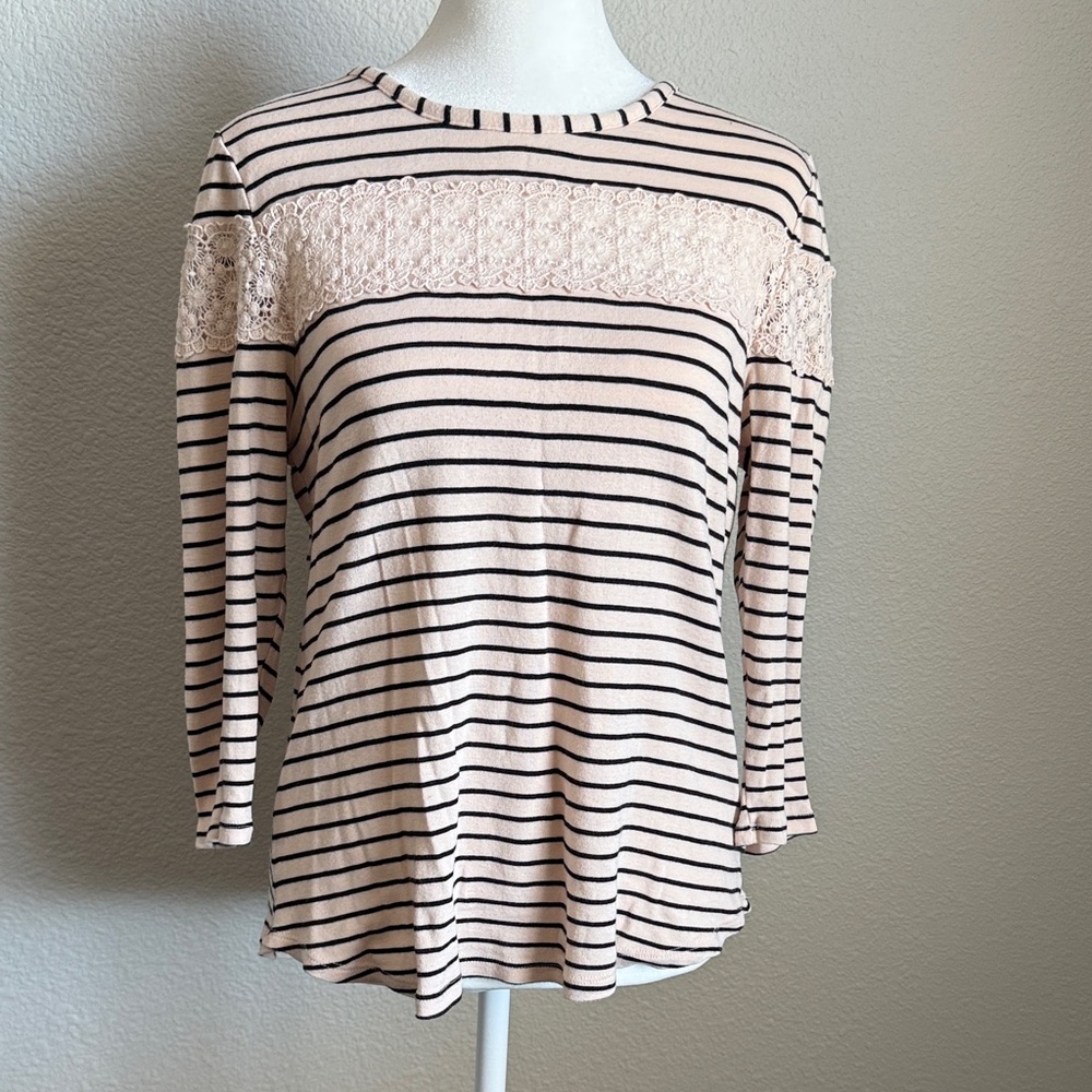 LC Lauren Conrad Pink Striped Lace 3/4 Sleeve Top